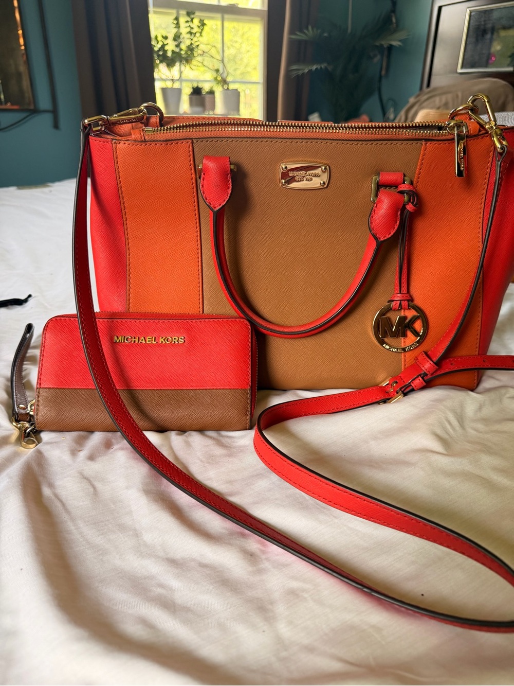 Large Michael Kors Colorblock Crossbody Satchel in Red, Orange, Tan / Wallet